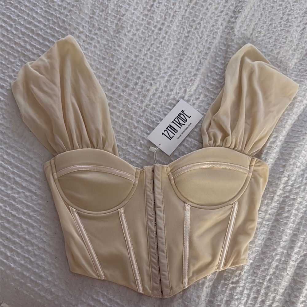 12th Tribe Cream Corset Crop Top with Puff Sleeves